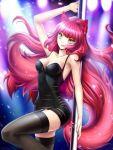  1girl :q animal_ear_fluff animal_ears arm_up bangs black_legwear black_shorts breasts cat_ears cleavage collarbone commission eyebrows_visible_through_hair floating_hair fox_ears fox_tail garter_straps gigamessy long_hair medium_breasts nekomusume pole_dancing red_hair shiny shiny_hair short_shorts shorts sleeveless solo standing tail thighhighs tongue tongue_out very_long_hair yellow_eyes 