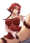 1girl bar_censor blush breasts brown_eyes censored cleavage collarbone covered_navel dress dress_lift elbow_gloves gloves hair_intakes hair_ornament highres izayoi_aki jewelry large_breasts looking_at_viewer mibry_(phrysm) necklace open_mouth pink_gloves pussy red_dress red_hair shiny shiny_clothes shiny_skin short_dress short_hair_with_long_locks sidelocks simple_background sitting sleeveless sleeveless_dress solo spread_pussy strapless strapless_dress thigh_strap white_background yuu-gi-ou yuu-gi-ou_5d&#039;s 