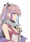  1girl anger_vein blue_eyes breasts bright_pupils bubble_tea cleavage drinking eyebrows_visible_through_hair girls_frontline hair_ornament highres long_hair mouth_hold multicolored_hair ningen_(ningen96) one_side_up pink_hair purple_hair scarf sidelocks simple_background small_breasts solo st_ar-15_(girls_frontline) streaked_hair sweat tawawa_challenge trembling upper_body white_background white_pupils 