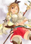  1girl ;d absurdres atelier_(series) atelier_ryza belt breasts brown_hair brown_legwear cleavage hair_ornament hairclip hat highres inaba_makoto jewelry large_breasts necklace one_eye_closed open_mouth rain red_eyes red_shorts reisalin_stout short_shorts shorts smile solo star thighhighs thighs wet wet_clothes white_headwear white_legwear 