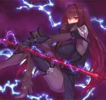  1girl ankle_boots bangs blush bodysuit boots breasts commentary_request covered_nipples electricity eyebrows_visible_through_hair face_mask fate/grand_order fate_(series) from_side gae_bolg hairband high_heel_boots high_heels holding holding_weapon knees_up large_breasts long_hair looking_at_viewer looking_to_the_side mask pauldrons pink_eyes polearm purple_background purple_bodysuit purple_footwear purple_hair scathach_(fate)_(all) scathach_(fate/grand_order) shoe-ji shoulder_armor sitting solo spear very_long_hair weapon 
