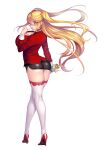  1girl absurdres aoi_nagisa_(metalder) ass black_choker black_skirt blonde_hair blush breast_press breasts choker cleavage curvy full_body glasses green_eyes high_heels highres huge_ass huge_breasts kosaka_shizuru lilith-soft long_hair long_sleeves looking_at_viewer looking_back miniskirt official_art parted_lips pencil_skirt red_footwear red_shirt shiny_skin shirt skirt smile solo standing taimanin_(series) taimanin_asagi taimanin_rpgx taimanin_yukikaze teacher thighhighs twintails valentine white_background white_thighhighs 