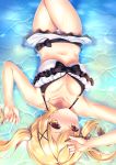  1girl arm_up armpits bang_dream! bare_arms bare_shoulders bikini bikini_skirt blonde_hair blush breasts caustics chiyonekoko cleavage frilled_bikini frills frown hair_ornament halterneck hand_up ichigaya_arisa large_breasts long_hair looking_at_viewer lying navel nose_blush on_back orange_eyes partially_submerged sidelocks solo stomach swimsuit thighs twintails v-shaped_eyebrows water white_bikini x_hair_ornament 