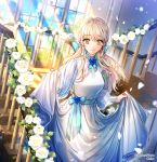  1girl blonde_hair blue_flower blue_ribbon blue_sky breasts commentary_request dress flower green_eyes hair_ribbon holding holding_dress interitio looking_at_viewer medium_breasts official_art petals ribbed_dress ribbon sid_story sky smile stairs sunlight twitter_username white_dress white_flower window 