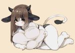  1girl animal_ears barefoot blue_buruma blush breasts brown_background brown_eyes brown_hair buruma cow_ears cow_horns cow_tail embarrassed extra_breasts furry gym_uniform horns kishibe large_breasts long_hair lying on_side original shirt shirt_tug simple_background solo tail tears thighs white_shirt 
