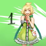  1 :d bangs blonde_hair cowboy_shot dress eyebrows_visible_through_hair green_background green_dress hirasaka_sachika index_finger_raised jin_(phoenixpear) looking_at_viewer one_side_up open_mouth prosthesis prosthetic_arm short_dress short_hair sleeveless sleeveless_dress smile sundress swept_bangs yellow_eyes zanki_zero 