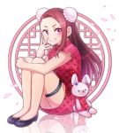  1girl 81_(mellowry) black_footwear brown_hair cherry_blossoms china_dress chinese_clothes double_bun dress floating_hair full_body grin idolmaster idolmaster_(classic) leg_hug long_hair looking_at_viewer minase_iori pink_eyes print_dress red_dress reflection short_dress short_sleeves sitting smile solo stuffed_animal stuffed_toy thigh_strap very_long_hair white_background 