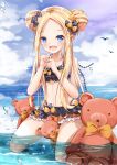  1girl :d abigail_williams_(fate/grand_order) bangs bare_arms bare_shoulders bikini black_bikini black_bow blonde_hair blue_eyes blue_sky blush bow cloud cloudy_sky collarbone day double_bun emerald_float eyebrows_visible_through_hair fang fate/grand_order fate_(series) forehead full_body hair_bow hands_up highres holding holding_key horizon key kneeling long_hair looking_at_viewer mutang ocean open_mouth orange_bow outdoors parted_bangs polka_dot polka_dot_bow sidelocks sky smile solo stuffed_animal stuffed_toy swimsuit teddy_bear very_long_hair water 