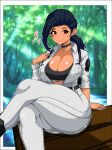  belt black_belt black_choker black_sports_bra border breasts brown_eyes brown_hair choker collarbone cosplay crossed_legs dark-skinned_female dark_skin earrings english_commentary forest gift_art grey_jumpsuit hailey_(the_first_descendant) hailey_(the_first_descendant)_(cosplay) hair_behind_ear heart highres jewelry jumpsuit looking_at_viewer mole mole_on_breast nature outside_border real_life shiftingfun sitting smile sports_bra the_first_descendant thick_thighs thighs white_border 