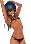  1girl :d absurdres armpits arms_up bangs bare_arms bare_shoulders bikini black_bikini black_choker breasts choker collarbone cowboy_shot dark_skin fang green_eyes green_hair groin hair_over_one_eye highres konbu_wakame long_hair looking_at_viewer micro_bikini mole mole_on_breast mole_under_mouth navel open_mouth original simple_background small_breasts smile solo standing stomach swimsuit white_background 