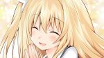  1girl blonde_hair blush closed_eyes commentary_request date_a_live facing_viewer iwasi-r long_hair mayuri_(date_a_live) open_mouth shirt side_ponytail smile solo upper_body white_shirt 