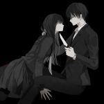  1boy 1girl black_background black_eyes black_hair black_skirt closed_mouth formal getiao grey_neckwear holding holding_knife holding_weapon knife looking_at_another medium_hair shinigami_no_ballad simple_background sitting skirt suit suzumiya_haruhi weapon 