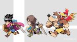  2boys backpack bag banjo-kazooie banjo_(banjo-kazooie) bear bird black_hair blue_eyes boots brown_eyes brown_hair cape chibi crossover dragon_quest dragon_quest_iii dragon_quest_xi earrings elbow_gloves feathers gloves green_eyes helmet hero_(dq11) jewelry kazooie_(banjo-kazooie) long_hair male_focus mike_luckas multiple_boys open_mouth roto shield short_hair shorts slime slime_(dragon_quest) smile super_smash_bros. sword weapon wings 