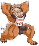  absurd_res anthro arcanine balls bottomless canid canine clothed clothing daikitei erection hands_behind_head hi_res humanoid_penis male mammal muscular muscular_male nintendo open_mouth pecs penis pok&eacute;mon pok&eacute;mon_(species) precum retracted_foreskin shirt solo tank_top topwear uncut vein video_games 