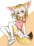  1girl animal_ear_fluff animal_ears bangs blonde_hair blush bow bowtie brown_eyes commentary elbow_gloves extra_ears eyebrows_visible_through_hair fennec_(kemono_friends) fox_ears fox_tail full_body fur_trim gloves hair_between_eyes hand_in_hair highres kemono_friends kiki_okina looking_at_viewer medium_hair multicolored_hair pink_sweater pleated_skirt puffy_short_sleeves puffy_sleeves shoes short_sleeves simple_background skirt smile solo sweater tail thighhighs two-tone_hair white_hair white_skirt yellow_neckwear 