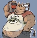  aldrichredon anthro belly big_belly clothed clothing hand_on_hip hi_res holding_object horn love_handles male mammal midriff moobs multi_horn musclegut muscular muscular_male nipple_outline obese obese_male overweight overweight_male rhinocerotoid solo tail_tuft tuft white_rhinoceros 