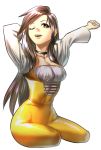  1girl arms_up black_hair bodysuit boots breasts brown_eyes buckle cleavage commentary_request final_fantasy final_fantasy_ix from_side garnet_til_alexandros_xvii highres long_hair long_sleeves looking_away low-tied_long_hair non_(nonbiriya_mini) orange_bodysuit puffy_sleeves shiny shiny_hair simple_background solo thighs very_long_hair white_background 