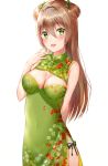  1girl bangs bare_arms bare_shoulders black_panties blush bow breasts brown_hair cleavage commentary_request covered_navel dress eyebrows_visible_through_hair fingernails floral_print girls_frontline green_bow green_dress green_eyes hair_between_eyes hair_bow hand_up highres kubong long_hair looking_at_viewer medium_breasts open_mouth panties print_dress rfb_(girls_frontline) side-tie_panties simple_background sleeveless sleeveless_dress solo two_side_up underwear very_long_hair white_background 