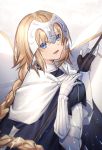  .com_(cu_105) 1girl armor armored_dress bangs black_dress blonde_hair blue_cape blue_eyes braid breasts cape commentary_request dress eyebrows_visible_through_hair fate/apocrypha fate_(series) flag gauntlets hair_between_eyes hands_up headpiece highres holding holding_flag jeanne_d&#039;arc_(fate) jeanne_d&#039;arc_(fate)_(all) long_hair medium_breasts parted_lips single_braid smile solo upper_body very_long_hair white_flag 