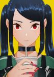  1girl black_hair bracelet choker commentary drinking drinking_straw ex-trident highres jewelry jill_stingray looking_at_viewer milkshake red_eyes solo twintails va-11_hall-a watch wristwatch yellow_background 