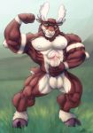  anthro antlers balls capreoline cervid erection eyewear flexing glasses hi_res horn humanoid_penis leobo looking_at_viewer male mammal moose muscular muscular_male outside penis retracted_foreskin solo standing uncut 