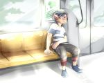  5:4 absurd_res blush bulbasaur clothing dusk_lycanroc elio_(pok&eacute;mon) fezmangaka fur hi_res lycanroc male nintendo pok&eacute;mon pok&eacute;mon_(species) poster solo species_transformation torn_clothing train transformation vehicle video_games window 