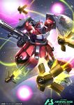  bandai battle beam_cannon char&#039;s_counterattack contrail damaged dirty energy explosion fake_screenshot funnels_(gundam) glowing gundam gundam_arsenal_base jagd_doga_quess_custom kenko_(a143016) lens_flare logo machinery mecha mecha_focus mobile_suit neo_zeon no_humans official_art one-eyed realistic robot roundel shield star_(sky) title zero_gravity 