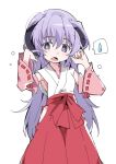  1girl detached_sleeves eyebrows_visible_through_hair hakama hanyuu higurashi_no_naku_koro_ni horns ixy japanese_clothes lavender_hair long_hair looking_at_viewer miko open_mouth purple_eyes red_hakama simple_background solo white_background 