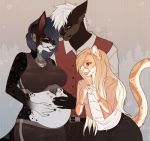  anthro ayuukuro clothed clothing ear_piercing felid feline female group hand_on_stomach hi_res male mammal open_mouth piercing smile standing tattoo teats 