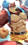  abs anthro banjo-kazooie banjo_(banjo-kazooie) belt blue_eyes bottomwear clothed clothing gun_tiger hi_res male mammal muscular muscular_male pecs rareware shorts topless ursid video_games 