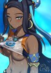  1girl arm_strap armlet bare_shoulders black_hair blue_background blue_eyes blue_hair blush breasts clothes_lift commentary_request crop_top dark_skin earrings forehead hair_ornament hairclip half-closed_eyes highres hoop_earrings hot jewelry lifted_by_self long_hair medium_breasts multicolored_hair navel necklace nipple_slip nipples parted_lips pd_(pdpdlv1) pokemon pokemon_(game) pokemon_swsh rurina_(pokemon) signature sleeves_past_wrists solo sweat toned two-tone_hair underwear upper_body wet 