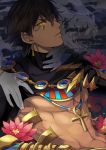  1boy abs bangs black_hair dark_skin dark_skinned_male earrings egyptian egyptian_clothes fate/grand_order fate/prototype fate_(series) flower gloves hands_on_another&#039;s_neck head_tilt highres jewelry long_sleeves looking_at_viewer open_mouth ozymandias_(fate) pectorals saka_nagiya yellow_eyes 