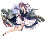  1girl apron arm_under_breasts azur_lane bangs black_footwear blue_eyes blush bow braid breasts cannon cleavage closed_mouth collarbone curlew_(azur_lane) dress floating_hair frills full_body hair_bow head_tilt juliet_sleeves large_breasts long_hair long_sleeves maid maid_headdress mary_janes moneti_(daifuku) official_art open_mouth parted_lips puffy_sleeves purple_bow purple_hair remodel_(azur_lane) rigging rudder_footwear shoes sidelocks single_braid sleeve_cuffs smile solo transparent_background turret wind wind_lift 