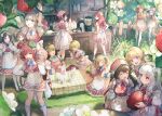  2boys 6+girls :d :o ^_^ ahoge apron aqua_eyes arm_over_head arms_up beret black_footwear black_hair black_ribbon blender_(object) blonde_hair blouse blue_eyes blue_hair blue_ribbon blush branch brown_eyes brown_hair buttons carrying character_request check_character closed_eyes criss-cross_strings cup cupboard drinking_glass fence flower food food_on_face frills fruit fujiwara_hajime full_stomach gakuen_idolmaster garden gingham gingham_shorts gingham_skirt gradient_hair grass green_ribbon grey_hair hagiwara_yukiho hair_flower hair_ornament hairband hanami_saki hanami_ume hand_to_own_mouth hands_on_own_hips hat headscarf highres holding holding_cup holding_food holding_fruit idolmaster idolmaster_(classic) idolmaster_cinderella_girls idolmaster_dearly_stars idolmaster_million_live! idolmaster_shiny_colors idolmaster_side-m idolmaster_va-liv in-franchise_crossover juliet_sleeves kaerre kashiwagi_tsubasa kitchen_scale komiya_kaho kuroda_kuroko layered_sleeves leaf letora_(idolmaster) long_sleeves medium_hair mini_hat mizutani_eri multicolored_hair multiple_boys multiple_girls open_mouth outdoors oversized_food oversized_object parfait pierre_bichelberger puffy_shorts puffy_sleeves purple_eyes red_eyes red_hair red_ribbon red_shorts red_skirt red_vest ribbon sato_shin serizawa_asahi shijou_takane shirt shoes short_hair shorts shoulder_carry skirt smile socks strawberry strawberry_parfait stuffed_animal stuffed_frog stuffed_toy suou_momoko table tablecloth tachibana_arisu thighhighs twintails vest waist_apron weighing_scale white_flower white_hair white_shirt white_socks white_thighhighs wooden_fence yellow_ribbon 