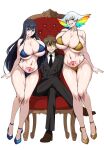  1boy 2girls alternate_breast_size black_hair blue_eyes breasts brown_hair cleavage crossover evil_smile grin hair_between_eyes high_school_dxd highres hyoudou_issei kill_la_kill kiryuuin_ragyou kiryuuin_satsuki large_breasts long_hair mature_female mother_and_daughter multicolored_hair multiple_girls navel rainbow_hair short_hair smile stomach_tattoo tattoo thick_eyebrows thighhighs very_long_hair white_hair yxyyxy 
