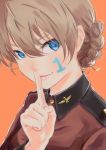  1girl absurdres bangs blonde_hair blue_eyes braid bright_pupils commentary darjeeling epaulettes finger_to_mouth girls_und_panzer highres jacket long_sleeves looking_at_viewer military military_uniform number orange_background oze_(xyz_go_go11) red_jacket simple_background smile solo st._gloriana&#039;s_military_uniform tied_hair uniform white_pupils writing 