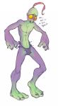  3_toes 4_fingers abe_(oddworld) alien asianpie blush clothed clothing dialogue digital_drawing_(artwork) digital_media_(artwork) english_text feathered_hair humanoid mudokon not_furry oddworld orange_eyes ponytail solo standing stitches text toes topless underwear video_games 