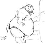  anthro belly belly_overhang big_belly black_and_white clothed clothing felid fridge fur hand_on_hip lion male mammal mane monochrome obese obese_male overweight overweight_male pantherine simple_background smile solo standing sugarboy thick_thighs topless white_background 
