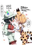  2girls :d ^_^ animal_ears backpack bag bare_shoulders black_hair blonde_hair blush closed_eyes commentary_request ear_blush elbow_gloves extra_ears face-to-face flustered flying_sweatdrops gloves happy hat hat_feather heart highres holding_hands interlocked_fingers kaban_(kemono_friends) kemono_friends multiple_girls nekonyan_(inaba31415) nose_blush open_mouth print_gloves print_legwear print_neckwear print_skirt profile red_shirt serval_(kemono_friends) serval_ears serval_print serval_tail shirt short_hair short_sleeves shorts simple_background sketch skirt sleeveless sleeveless_shirt smile tail thighhighs translated wavy_mouth white_background white_shirt white_shorts yuri 