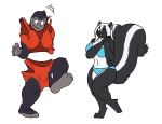  5_fingers ambiguous_gender anthro ape bikini clothing clothing_transformation duo female gideon_(kayllik) gorilla inanimate_transformation mammal marry_(kayllik) mephitid one_eye_closed primate robertge simple_background skunk swimwear transformation white_background wink 