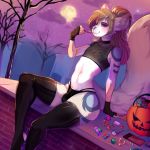  1:1 brown_hair bulge candy canid canine chai_(kingschoolyou) clothed clothing fishnet food fur hair halloween holidays male mammal solo yuukari-nee 