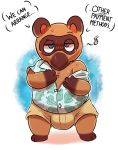  animal_crossing anthro blush canid canine clothed clothing hi_res male mammal nintendo procyonid raburigaron raccoon raccoon_dog simple_background solo tanuki tom_nook_(animal_crossing) video_games 