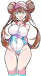  1girl :d aqua_eyes arms_behind_back bangs bare_shoulders blush breasts brown_hair covered_navel double_bun enpe hair_between_eyes highres large_breasts long_hair mei_(pokemon) one-piece_swimsuit open_mouth pokemon pokemon_(game) pokemon_bw2 round_teeth simple_background smile solo swimsuit teeth thighs twintails visor_cap white_background white_headwear 