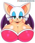  2019 anthro big_breasts breasts chiropteran cleavage clothed clothing digital_media_(artwork) eyeshadow female green_eyes hair hi_res huge_breasts lipstick looking_at_viewer makeup mammal matospectoru membrane_(anatomy) membranous_wings rouge_the_bat simple_background smile solo sonic_(series) video_games white_background wings 