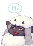  2019 absurd_res ambiguous_gender black_eyes bovid caprine color_fox english_text fur hi_res horizontal_pupils mammal nintendo open_mouth open_smile pok&eacute;mon pok&eacute;mon_(species) red_tongue simple_background smile speech_bubble text tongue video_games white_background white_fur white_pupils wooloo yellow_sclera 