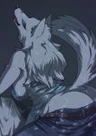  2019 anthro bent_over blue_eyes blush breasts butt canid canine canis clothing female fur grey_background hair hi_res jeans long_hair looking_at_viewer looking_back mammal open_mouth pants rear_view seductive side_boob simple_background solo standing teeth translucent white_fur white_hair wolf ギムザ 