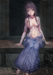  1girl architecture black_hair blue_hakama breasts brown_eyes collarbone east_asian_architecture fatal_frame fatal_frame_3 hair_censor hair_over_breasts hakama hakama_skirt highres hip_vent japanese_clothes long_hair medium_breasts navel proudsoul sidelocks sitting solo tattoo topless veranda wooden_wall yukishiro_reika 