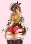  1girl asanagi ass atelier_(series) atelier_ryza bangs belt blush breasts brown_eyes brown_gloves brown_hair detached_sleeves from_behind gloves grin hair_ornament hairclip hat highres jewelry large_breasts looking_at_viewer looking_back pink_background red_shorts reisalin_stout short_shorts shorts simple_background single_glove smile solo teeth thighhighs thighs 