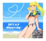  1girl 2017 animal arm_support bangs bare_arms bare_legs bare_shoulders beach bikini bird blonde_hair blue_bikini blue_eyes blue_nails blue_sky character_name cup dated day drinking_straw earrings english_text eyelashes feet_out_of_frame fingernails floating_hair food food_print frilled_bikini_top frills fruit fullmetal_alchemist glass holding holding_cup jewelry lemon lemon_print lemon_slice lemonade long_hair looking_away navel outdoors ozaki_(tsukiko3) ponytail rock seagull shore sky smile solo standing standing_on_one_leg stomach swimsuit text_focus winry_rockbell 