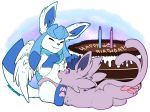  2019 birthday brother brothers cake candle clothing digital_media_(artwork) duo eeveelution espeon food fur glaceon hat headgear headpat headwear hi_res iroxykun male mammal nintendo open_mouth pawpads pok&eacute;mon pok&eacute;mon_(species) scarf sibling smile video_games 